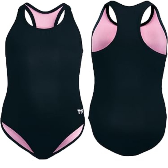 TYR Girls Solid Maxfit Swimsuit Size L (10/12) Black/Pink - Picture 1 of 5